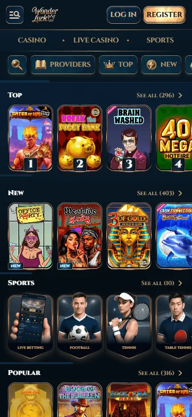 Wonder Luck Casino home screen on a mobile phone