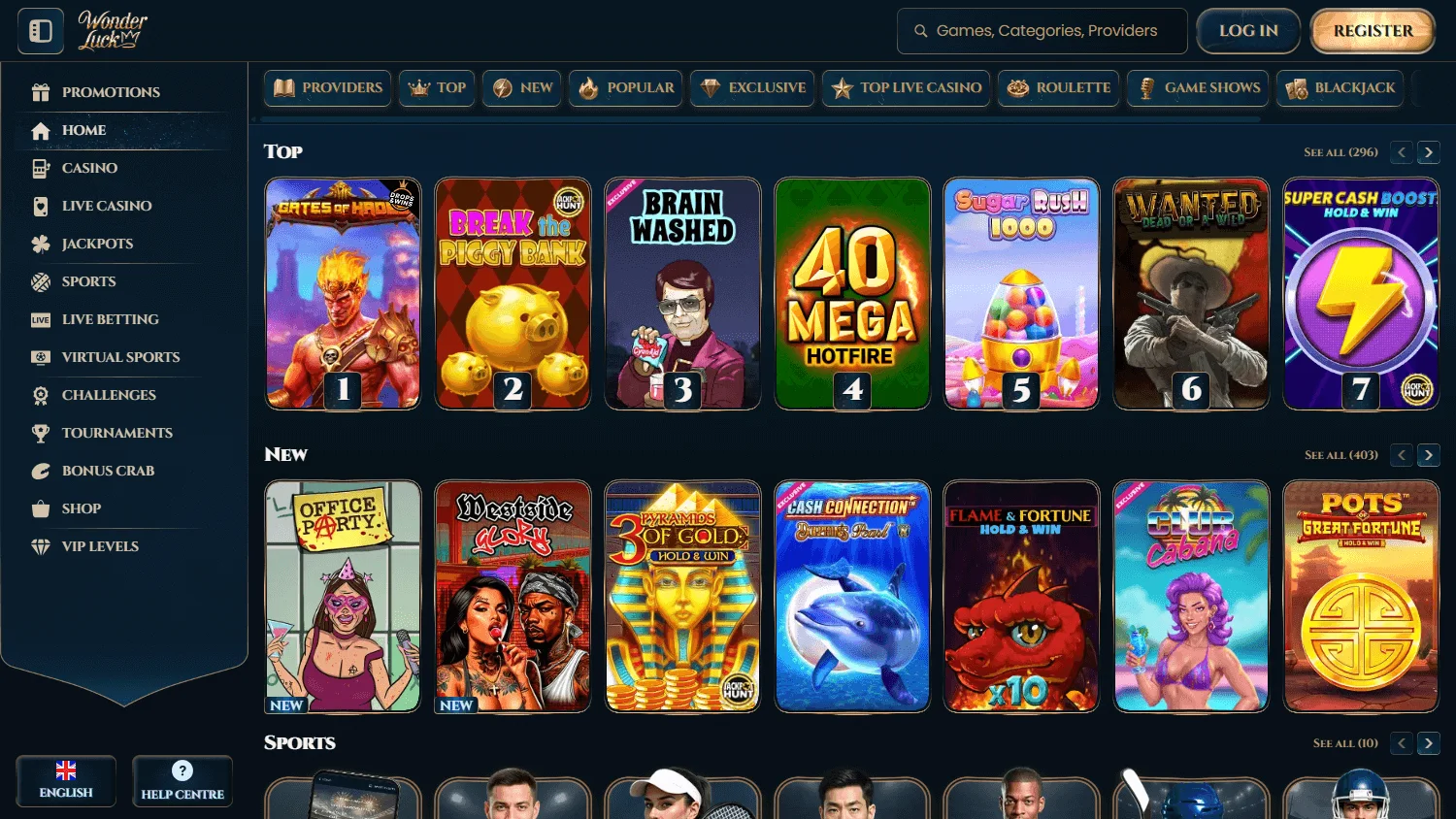 Wonder Luck Casino home screen on desktop
