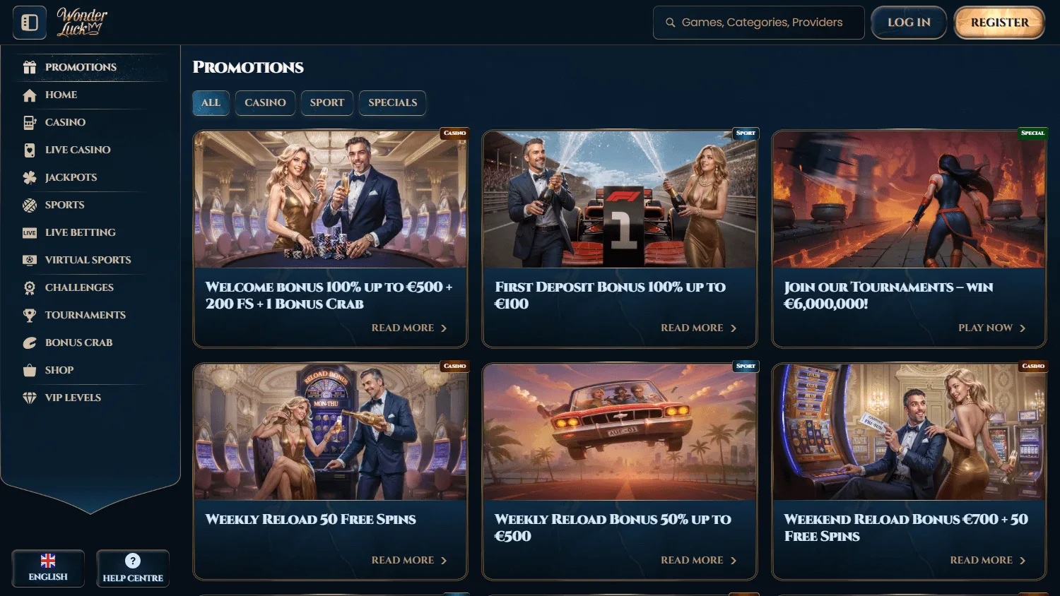 Wonder Luck Casino promotions screen on desktop